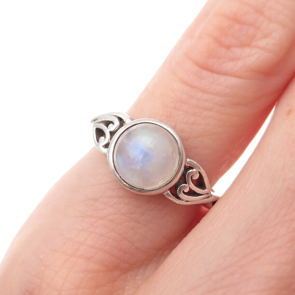 925 Sterling Silver Vintage Real Moonstone Heart Oxidized Ring Size 3.5